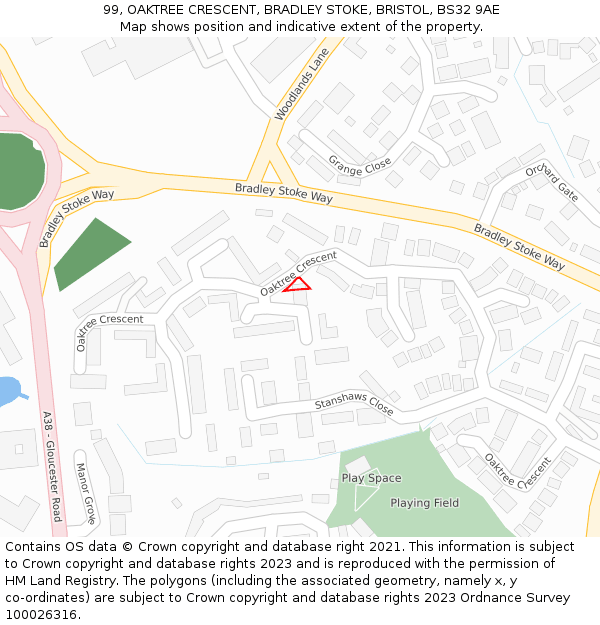 99, OAKTREE CRESCENT, BRADLEY STOKE, BRISTOL, BS32 9AE: Location map and indicative extent of plot