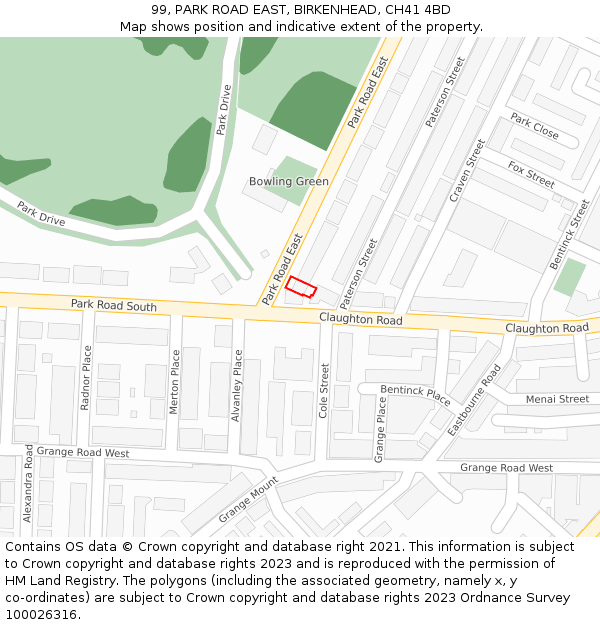 99, PARK ROAD EAST, BIRKENHEAD, CH41 4BD: Location map and indicative extent of plot