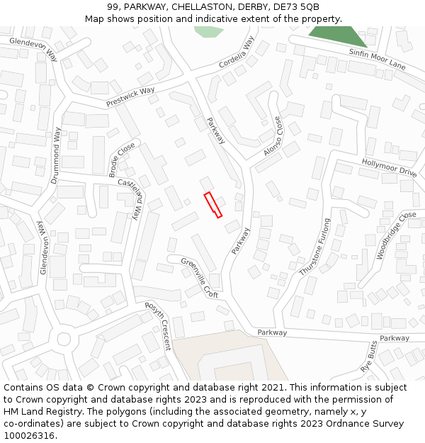 99, PARKWAY, CHELLASTON, DERBY, DE73 5QB: Location map and indicative extent of plot