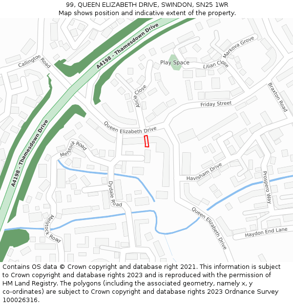 99, QUEEN ELIZABETH DRIVE, SWINDON, SN25 1WR: Location map and indicative extent of plot