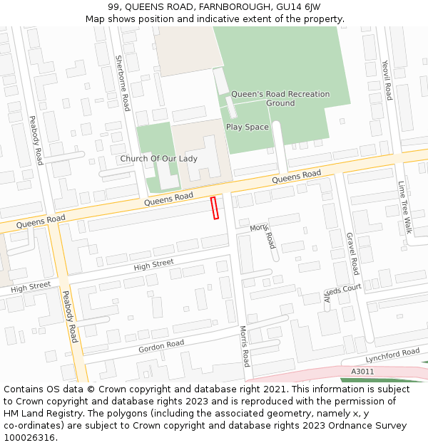 99, QUEENS ROAD, FARNBOROUGH, GU14 6JW: Location map and indicative extent of plot