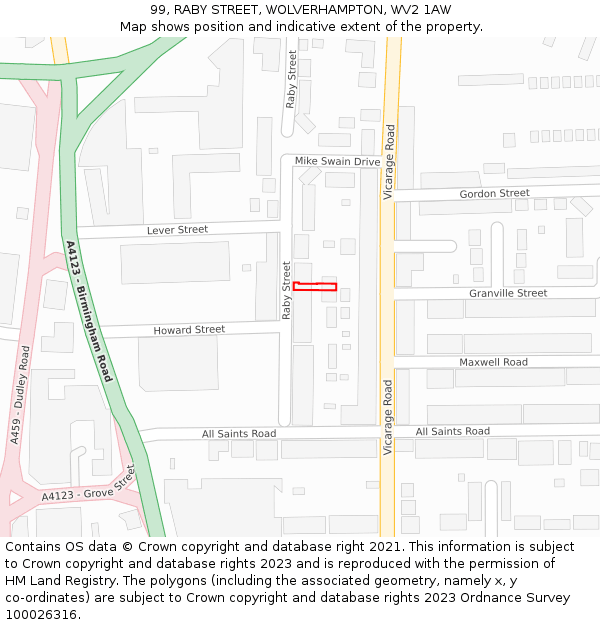 99, RABY STREET, WOLVERHAMPTON, WV2 1AW: Location map and indicative extent of plot
