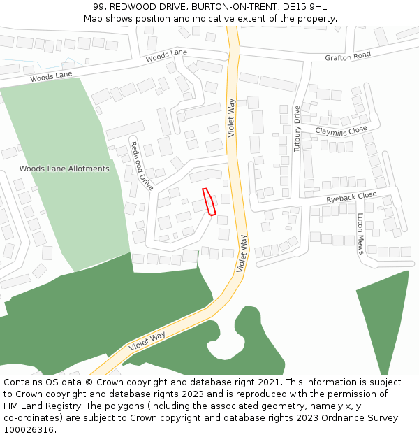 99, REDWOOD DRIVE, BURTON-ON-TRENT, DE15 9HL: Location map and indicative extent of plot