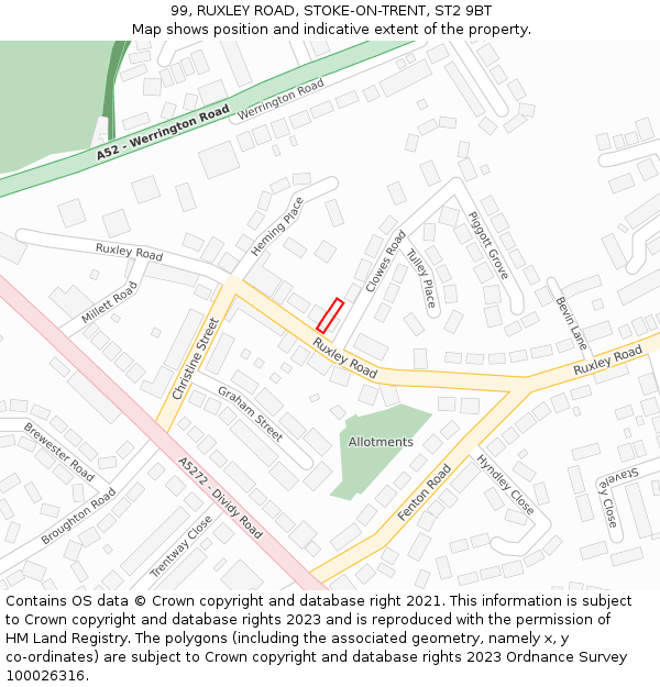 99, RUXLEY ROAD, STOKE-ON-TRENT, ST2 9BT: Location map and indicative extent of plot