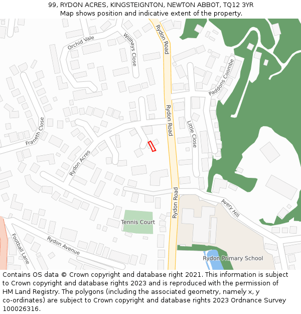 99, RYDON ACRES, KINGSTEIGNTON, NEWTON ABBOT, TQ12 3YR: Location map and indicative extent of plot