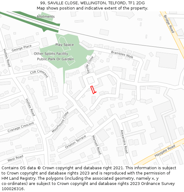 99, SAVILLE CLOSE, WELLINGTON, TELFORD, TF1 2DG: Location map and indicative extent of plot