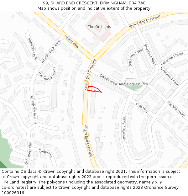 99, SHARD END CRESCENT, BIRMINGHAM, B34 7AE: Location map and indicative extent of plot
