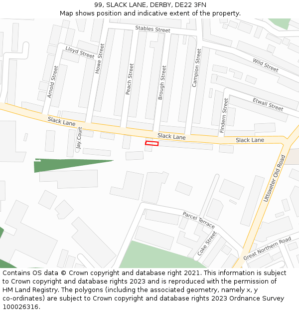 99, SLACK LANE, DERBY, DE22 3FN: Location map and indicative extent of plot