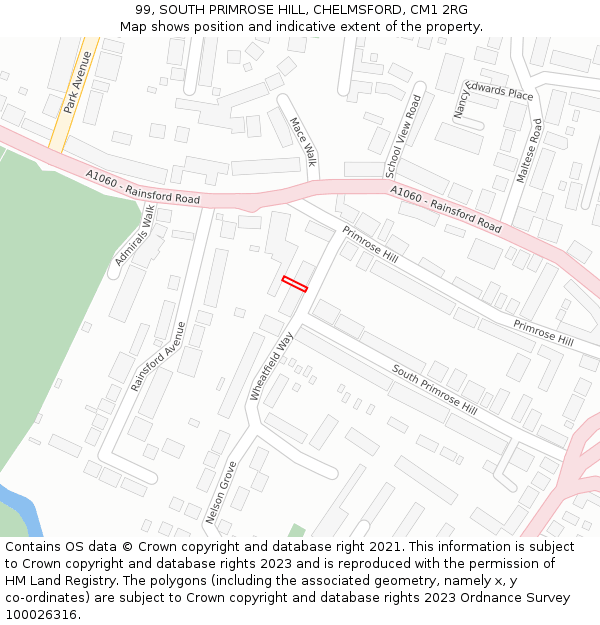 99, SOUTH PRIMROSE HILL, CHELMSFORD, CM1 2RG: Location map and indicative extent of plot