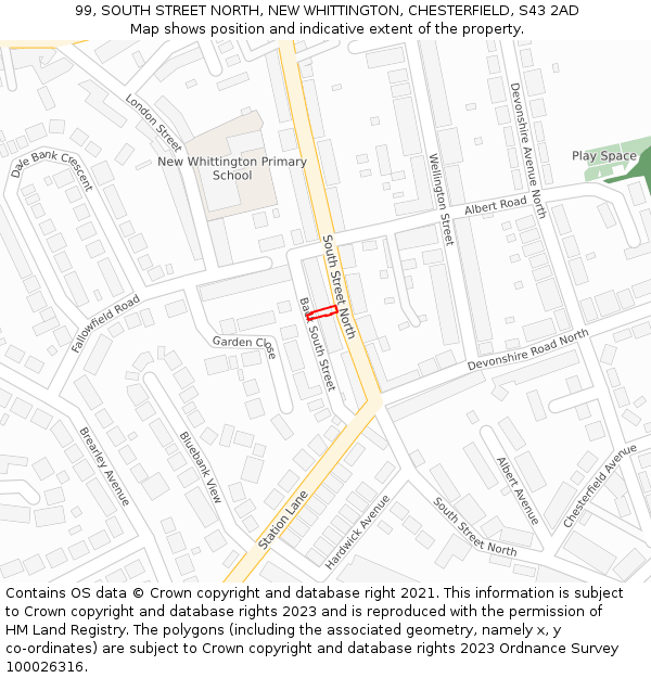 99, SOUTH STREET NORTH, NEW WHITTINGTON, CHESTERFIELD, S43 2AD: Location map and indicative extent of plot