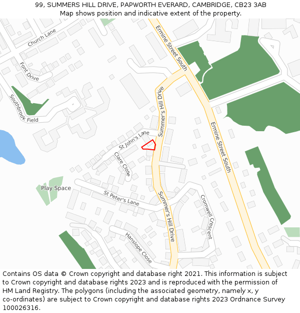 99, SUMMERS HILL DRIVE, PAPWORTH EVERARD, CAMBRIDGE, CB23 3AB: Location map and indicative extent of plot