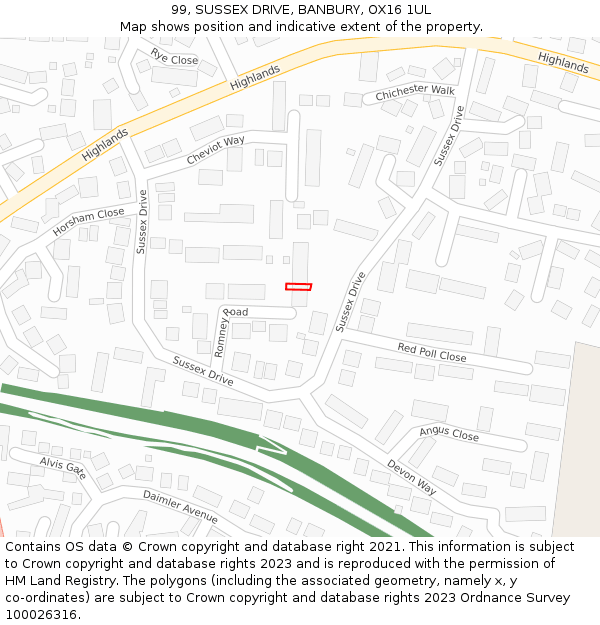 99, SUSSEX DRIVE, BANBURY, OX16 1UL: Location map and indicative extent of plot