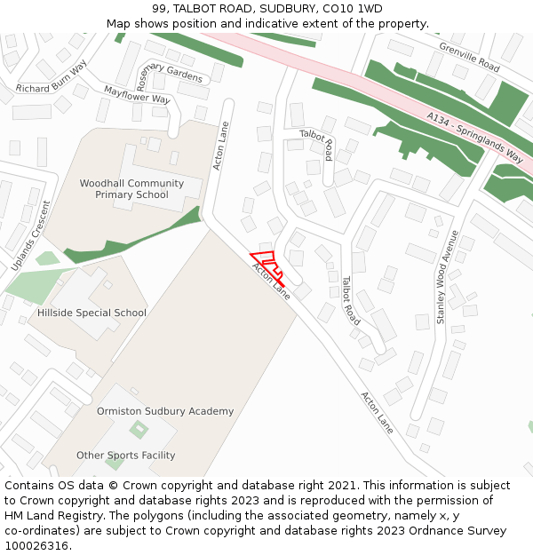 99, TALBOT ROAD, SUDBURY, CO10 1WD: Location map and indicative extent of plot