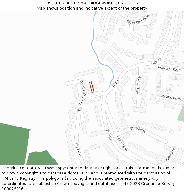 99, THE CREST, SAWBRIDGEWORTH, CM21 0ES: Location map and indicative extent of plot