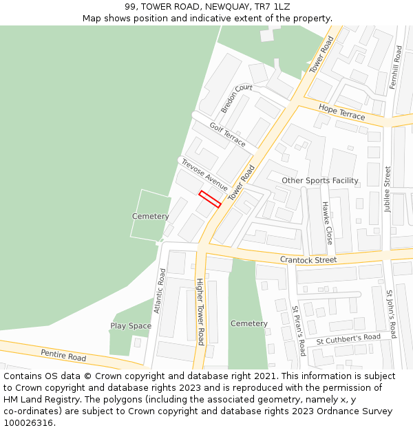 99, TOWER ROAD, NEWQUAY, TR7 1LZ: Location map and indicative extent of plot