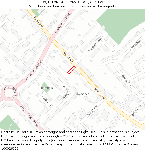 99, UNION LANE, CAMBRIDGE, CB4 1PX: Location map and indicative extent of plot