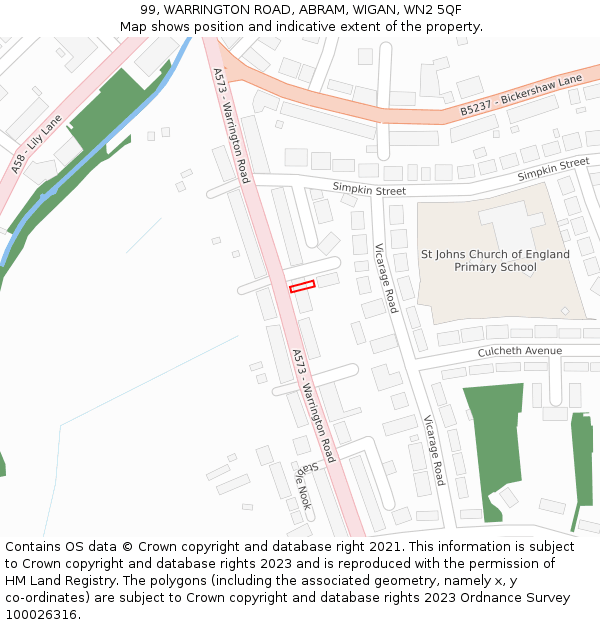 99, WARRINGTON ROAD, ABRAM, WIGAN, WN2 5QF: Location map and indicative extent of plot