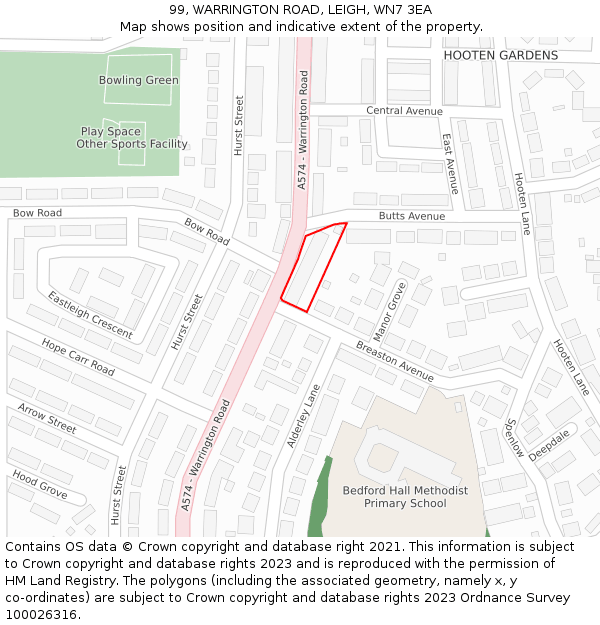 99, WARRINGTON ROAD, LEIGH, WN7 3EA: Location map and indicative extent of plot