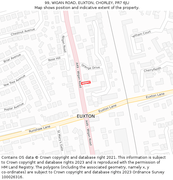99, WIGAN ROAD, EUXTON, CHORLEY, PR7 6JU: Location map and indicative extent of plot