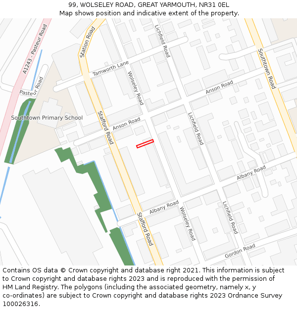 99, WOLSELEY ROAD, GREAT YARMOUTH, NR31 0EL: Location map and indicative extent of plot