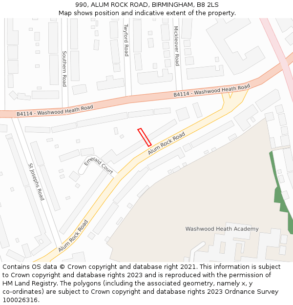 990, ALUM ROCK ROAD, BIRMINGHAM, B8 2LS: Location map and indicative extent of plot