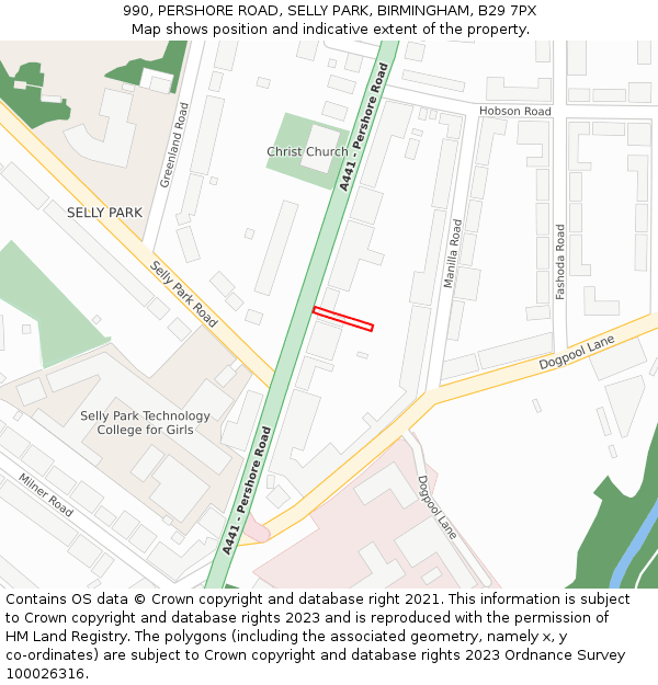 990, PERSHORE ROAD, SELLY PARK, BIRMINGHAM, B29 7PX: Location map and indicative extent of plot