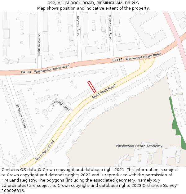 992, ALUM ROCK ROAD, BIRMINGHAM, B8 2LS: Location map and indicative extent of plot