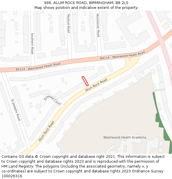 996, ALUM ROCK ROAD, BIRMINGHAM, B8 2LS: Location map and indicative extent of plot