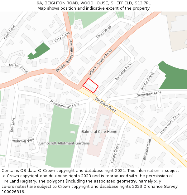 9A, BEIGHTON ROAD, WOODHOUSE, SHEFFIELD, S13 7PL: Location map and indicative extent of plot