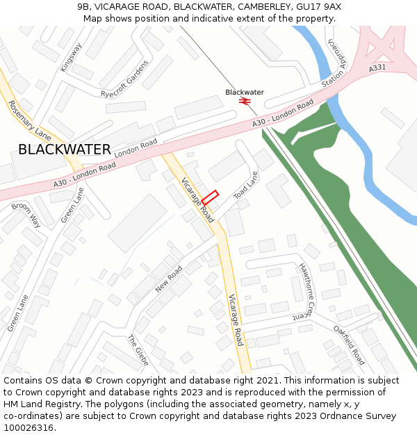9B, VICARAGE ROAD, BLACKWATER, CAMBERLEY, GU17 9AX: Location map and indicative extent of plot