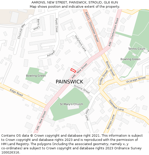 AARONS, NEW STREET, PAINSWICK, STROUD, GL6 6UN: Location map and indicative extent of plot