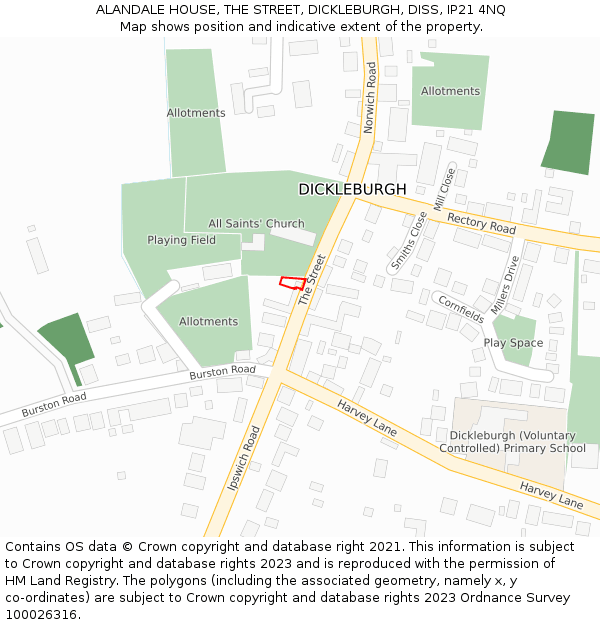 ALANDALE HOUSE, THE STREET, DICKLEBURGH, DISS, IP21 4NQ: Location map and indicative extent of plot