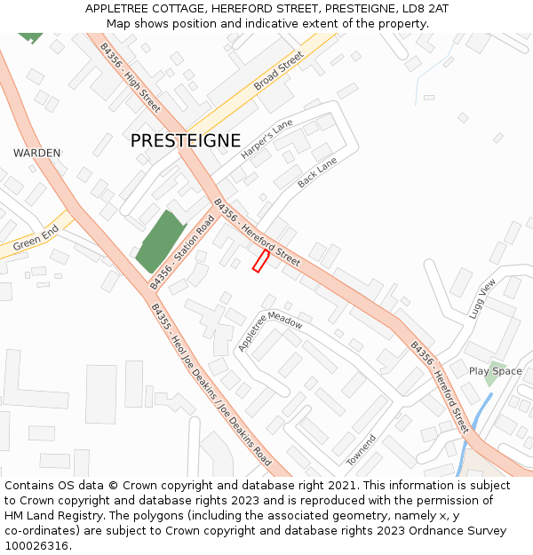 APPLETREE COTTAGE, HEREFORD STREET, PRESTEIGNE, LD8 2AT: Location map and indicative extent of plot