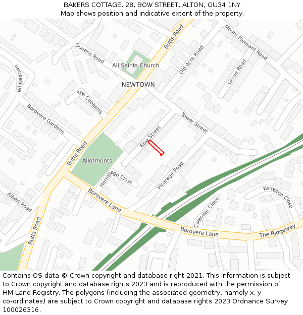 BAKERS COTTAGE, 28, BOW STREET, ALTON, GU34 1NY: Location map and indicative extent of plot