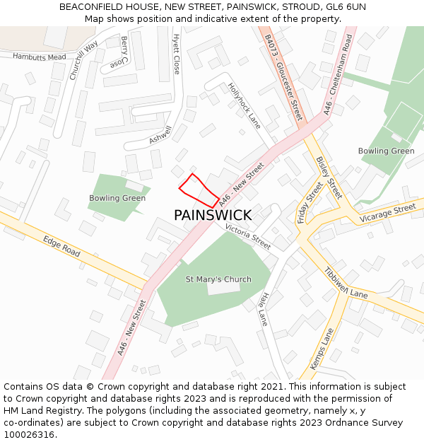 BEACONFIELD HOUSE, NEW STREET, PAINSWICK, STROUD, GL6 6UN: Location map and indicative extent of plot