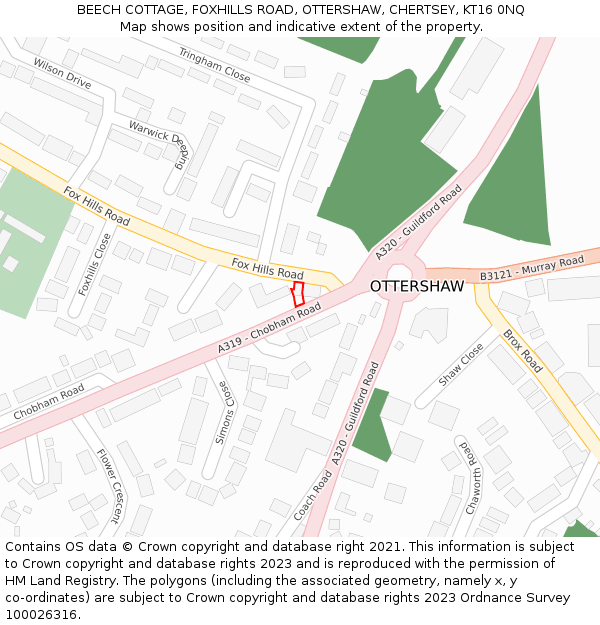 BEECH COTTAGE, FOXHILLS ROAD, OTTERSHAW, CHERTSEY, KT16 0NQ: Location map and indicative extent of plot