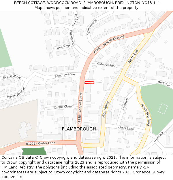 BEECH COTTAGE, WOODCOCK ROAD, FLAMBOROUGH, BRIDLINGTON, YO15 1LL: Location map and indicative extent of plot