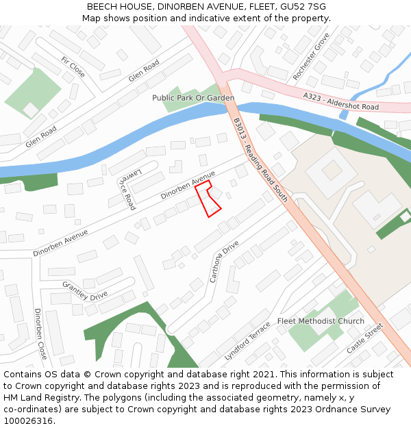 BEECH HOUSE, DINORBEN AVENUE, FLEET, GU52 7SG: Location map and indicative extent of plot