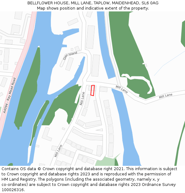 BELLFLOWER HOUSE, MILL LANE, TAPLOW, MAIDENHEAD, SL6 0AG: Location map and indicative extent of plot