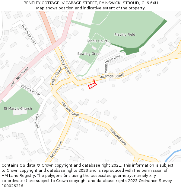 BENTLEY COTTAGE, VICARAGE STREET, PAINSWICK, STROUD, GL6 6XU: Location map and indicative extent of plot