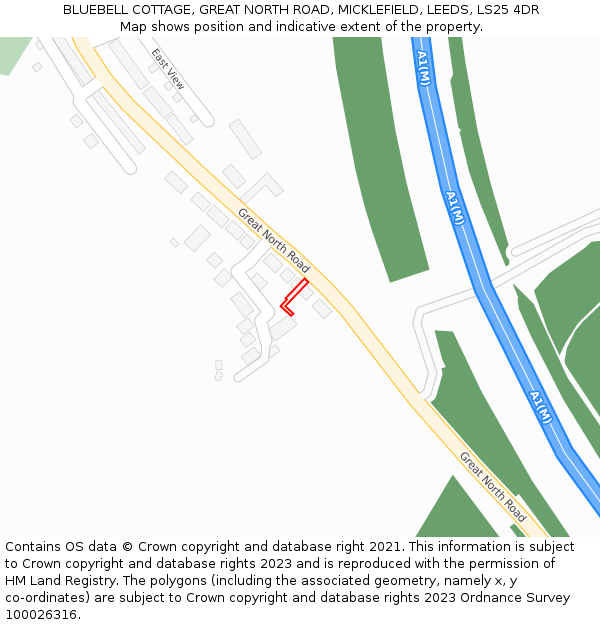 BLUEBELL COTTAGE, GREAT NORTH ROAD, MICKLEFIELD, LEEDS, LS25 4DR: Location map and indicative extent of plot