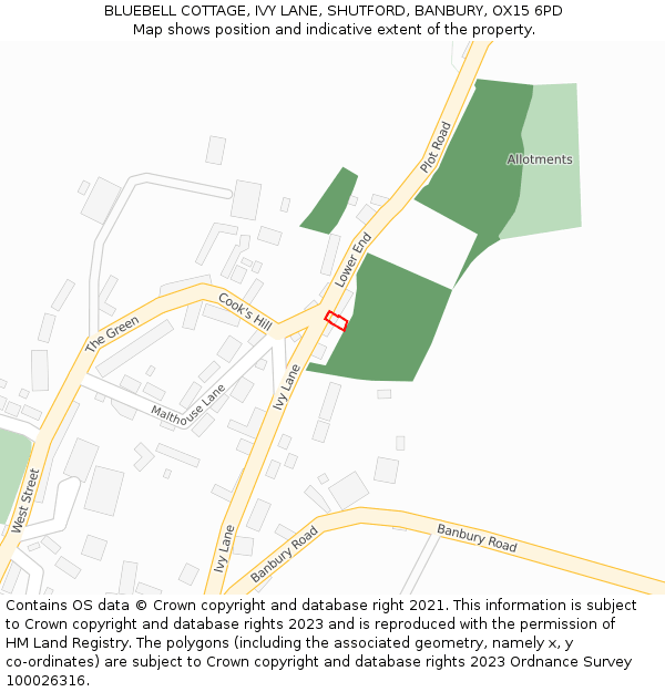 BLUEBELL COTTAGE, IVY LANE, SHUTFORD, BANBURY, OX15 6PD: Location map and indicative extent of plot