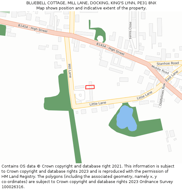 BLUEBELL COTTAGE, MILL LANE, DOCKING, KING'S LYNN, PE31 8NX: Location map and indicative extent of plot