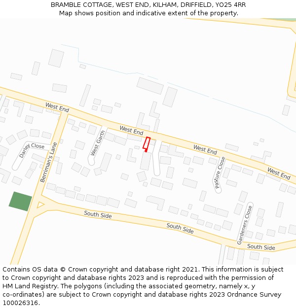 BRAMBLE COTTAGE, WEST END, KILHAM, DRIFFIELD, YO25 4RR: Location map and indicative extent of plot
