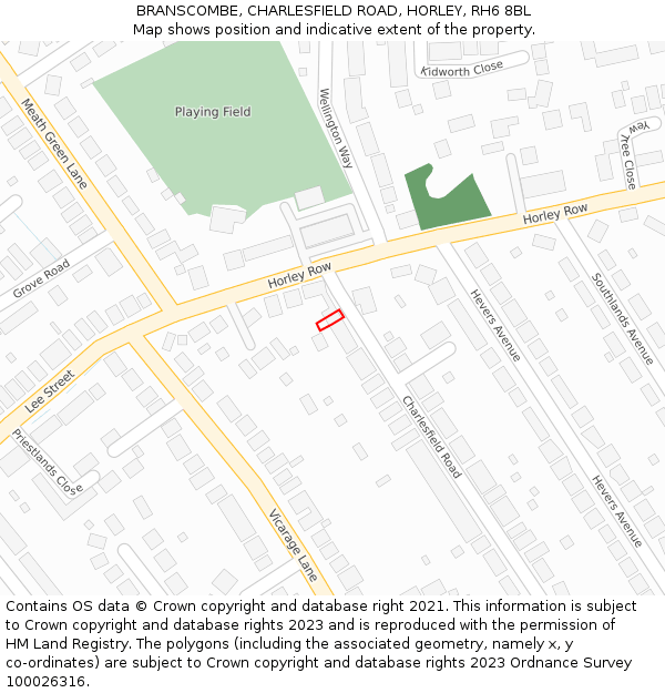 BRANSCOMBE, CHARLESFIELD ROAD, HORLEY, RH6 8BL: Location map and indicative extent of plot
