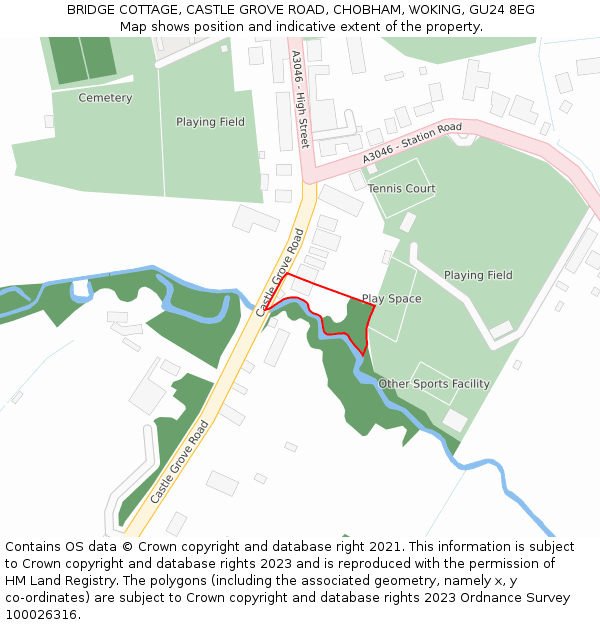 BRIDGE COTTAGE, CASTLE GROVE ROAD, CHOBHAM, WOKING, GU24 8EG: Location map and indicative extent of plot