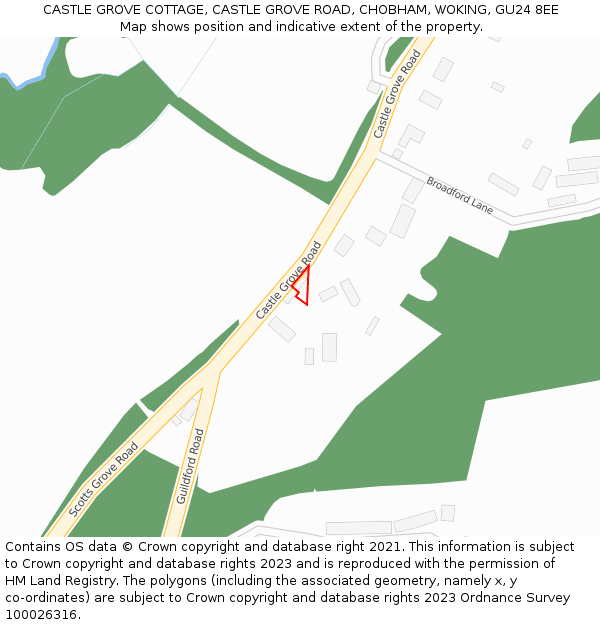 CASTLE GROVE COTTAGE, CASTLE GROVE ROAD, CHOBHAM, WOKING, GU24 8EE: Location map and indicative extent of plot