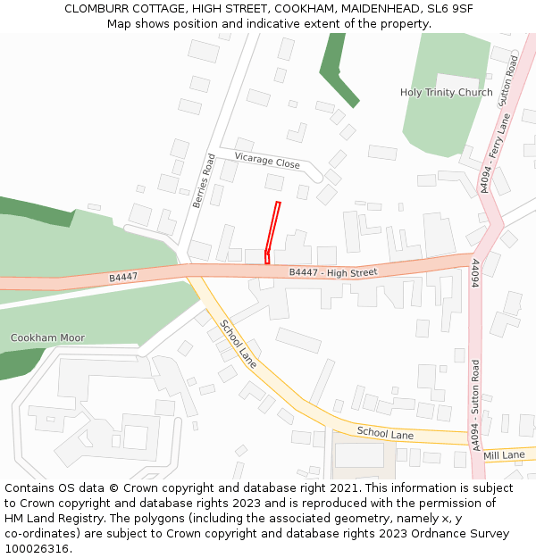 CLOMBURR COTTAGE, HIGH STREET, COOKHAM, MAIDENHEAD, SL6 9SF: Location map and indicative extent of plot