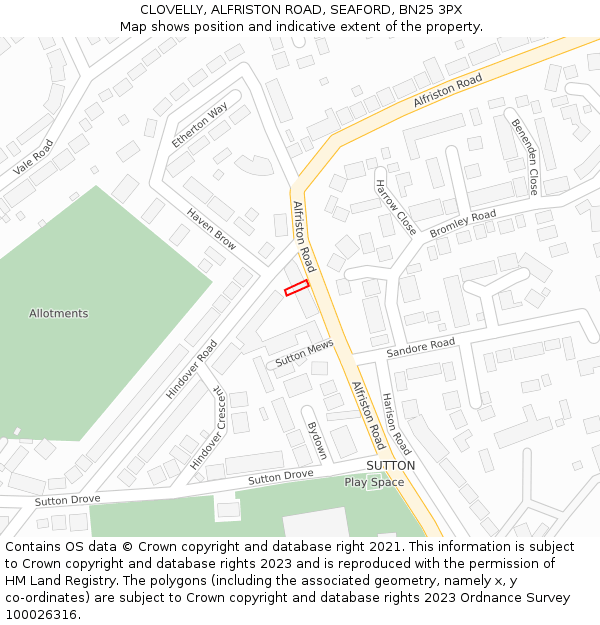 CLOVELLY, ALFRISTON ROAD, SEAFORD, BN25 3PX: Location map and indicative extent of plot