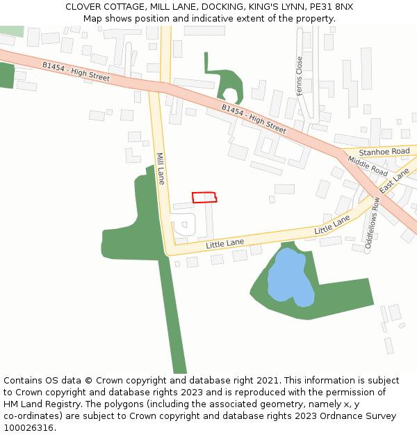 CLOVER COTTAGE, MILL LANE, DOCKING, KING'S LYNN, PE31 8NX: Location map and indicative extent of plot